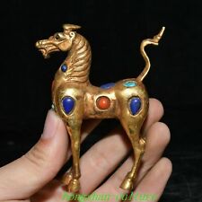 10,2 cm rare vieux cuivre 24 K or gemmes Qing Dynasty Palace Tang Horse Statue
