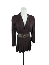 Women's Dress Maille Demoiselle, Brown Long Sleeved Belted Scoop Neck Dress