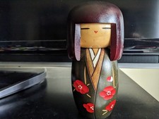  Japanese Kokeshi Doll Kimono Red Blossoms Floral with artist's stamp 6"