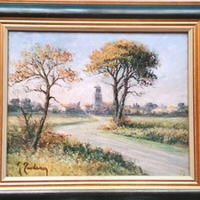 Ancien Tableau Paysage Coucher De Soleil Huile sur Toile Signé Encadré