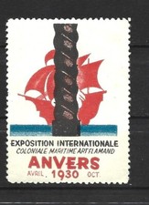 CINDERELLA 1930 VIGNETTE TIMBRE EXPOSITION COLONIALE MARITIME ANVERS ART FLAMAND