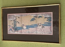 Gravure couleur Estampe japonaise panorama paysage bambous grues ciel doré