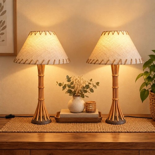 Lot lampes table bambou - 2,