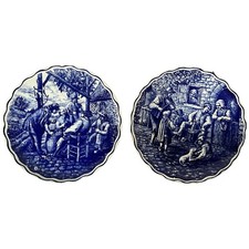 Pair Blue White Delft Plate Tavern Scenes Belgium Boch Freres Porcelain Drinking