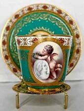 19th Century Mintons Green Sevres-Style Cup and Saucer, 22k