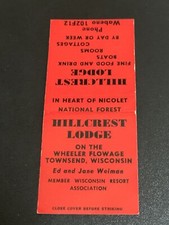 Vintage Wisconsin Bobtail Matchbook: “Weiman’s Hillcrest Lodge” Townsend, WI