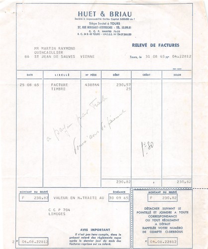 Facture 1965 huet briau - facture,