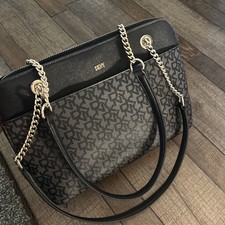 DKNY Soft Leather black golden gray Messenger Purse Handbag Sac 