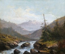 Tableau paysage montagne torrent rivière Henriette MORIZOT huile toile XIXème
