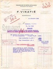INVOICE 1948 MANUFACTURE OF METAL BOXES F VINATIE A BORDEAUX - PRODUCED