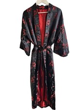 Lian Lin Kimono Robe Size Medium Asian Oriental Black Red Print