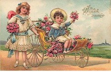 Embossed Card - Happy New Year - Two Children, One Sitting in a Chair with