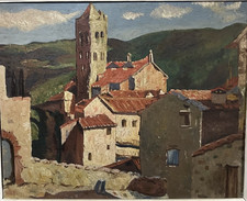 Huile sur panneau : village de
