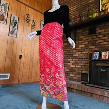 Vtg 60s/70s Acid Trip Mod Hippie Metallic Ethnic Hostess Maxi Gown Dress XS/S