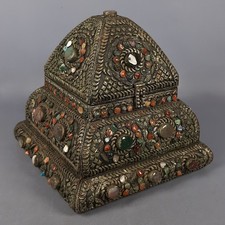 Antique Tibetan Wooden Chest Metal and Hard Stones Luxury Ethnic Reliquary