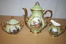 Waldershof Bavaria Green Iridescent Teapot Creamer Sugar Bowl & Lid