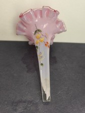 Tulipier Soliflore Dentelé Ancien En Verre Émaillé Rose - Décor Fleurs - 1900