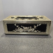 VTG Black & Sliver Tone Victorian Floral Velvet Hollywood Regency Tissue Box 