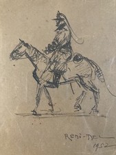 Très Beau Dessin LÉON RÉNI MEL Ancien Encre Cheval  Cavalier Personnage Art