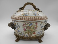 CRACKLED EARTHENWARE BOX / CANDY JAR FLORAL AND BRONZE DECOR SIGNED A.M. 1895