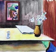 Aquarelle Expressive Intérieure Avec Fleurs Et Peinture Au Mur 23,5 X 22,0 Cm