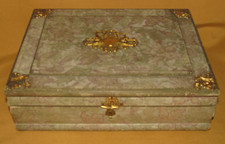 Antique haberdashery box sewing fabric 19th century gilded brass wood paper sconces