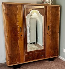 Antique French Art Deco Armoire Wardrobe cabinet  with  mirror and key  vintage 