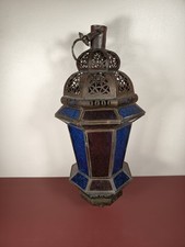 Sublime Large Lantern, Oriental Hanging Lamp in Wrought Iron and Bicolor Glass