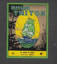 Ancienne   étiquette    Alcool  France Rhum Triton Caravelle Bateau  Bordeaux 