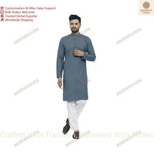 Indien Traditionnel Hommes Vêtement Coton Couleur Gris Kurta Créateur