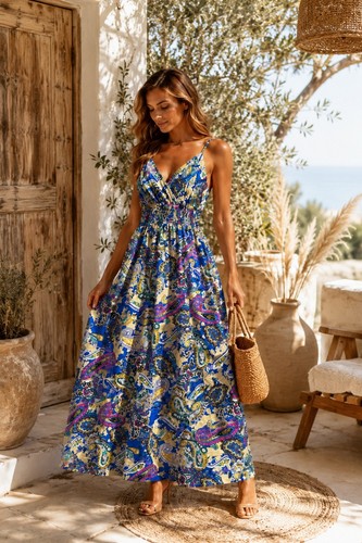 Robe bohème longue - , bleu