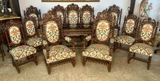 Antique Black Forest Hunt Barley Twist Oak 10 Piece Salon Couch Set Circa 1860