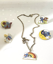 Vintage Smurf Brooch Set of Four Trading Pins & One Necklace Cloisonne by Peyo