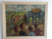 Ecole belge Léon DUFOUR (1891-1947) Le passage du cirque Huile sur panneau 50x60