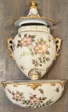 VTG Colony Accents Japan Porcelain 3 Pc Wall Lavabo Fountain 18” Floral Gold