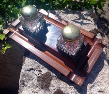 DOUBLE MAHOGANY INKWELL, BRASS WITH ART DECO CRYSTAL BUCKETS,