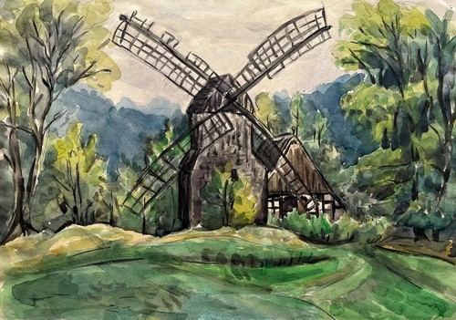 Aquarelle moulin vent - moulin, à