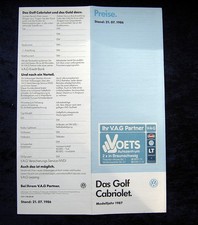 VW Golf 1 Cabrio, Cabriolet Preisliste, 21.07.1986 Modelle: Cabrio und Quartett