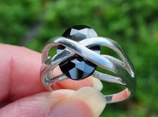 Ancienne Grande Bague Argent Massif Et Pierre Noire Cabochon-T 63- Bijoux 
