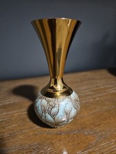 Delft Holland Hand Painted Luster Bud Vase Brass Top Blue Bottom