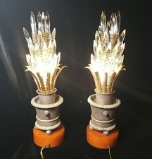 Rare Antique Vintage Pair Brass Crystals Empire Style Table Lamps Bakelite Base