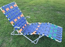 Vintage Rare Ergonomic Aluminum Webbed Folding Reclining Lounge Lawn Chair Blue