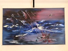 Tableau Peinture Huile Toile Abstrait Contemporain Violet Libellule Lac Signé
