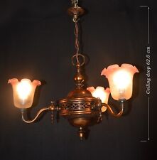 Vintage Georgian 1920s 3-arm red antique copper chandelier tinted etched shades