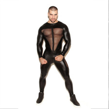 Hommes Maille Simili Cuir Body Combinaison Fête Discothèque Splice Pur Sexy Mode