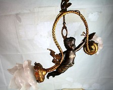Exclusive Special Bronze angel cherub putti chandelier 2 arms brass leaves 1920 
