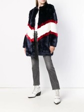 NWT La Seine & Moi Paris Ora Faux Fur coat jacket Navy, White and Red Sz Small  