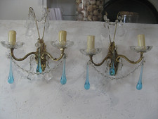 ++"540.9" PAIR OF BRASS SCONCES AND BLUE AND WHITE MURANO STYLE TASSELS
