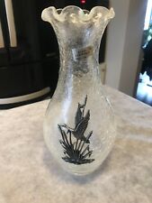 ANCIEN VASE VERRE CRAQUELE DECORATION OISEAU EN ETAIN GRANDE TAILLE 32 x 16 cm