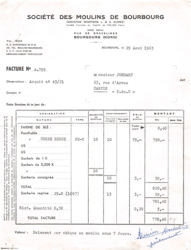1963 facture moulins de - 1963,